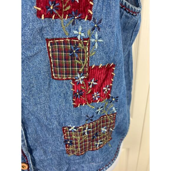 Vintage Bobbie Brooks Jean Denim Patchwork Floral Embroidered Vest Large Boho - Picture 3 of 8